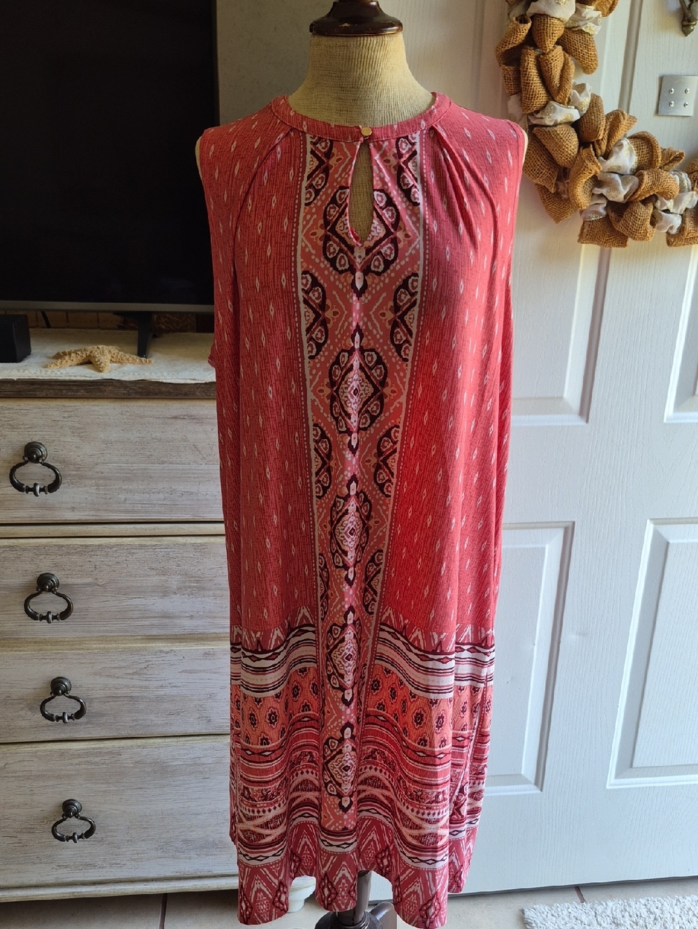 new directions Coral Pink Sleeveless Midi Dress with Patterned Panel
